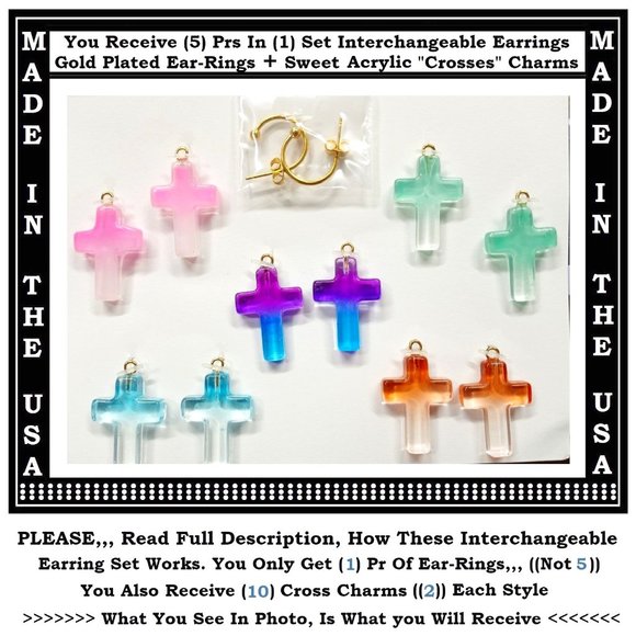 5/$20 Religious Cross Faith Interchangeable Charm Earrings-5 Pairs in Set - Picture 1 of 6